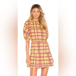 NWT L’Academie The Laramie Yellow and Pink Plaid Open Back Mini Dress Sz Small